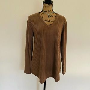 Chaser Womens Waffle Knit Thermal V Neck Taupe Long Sleeve Top Size Medium